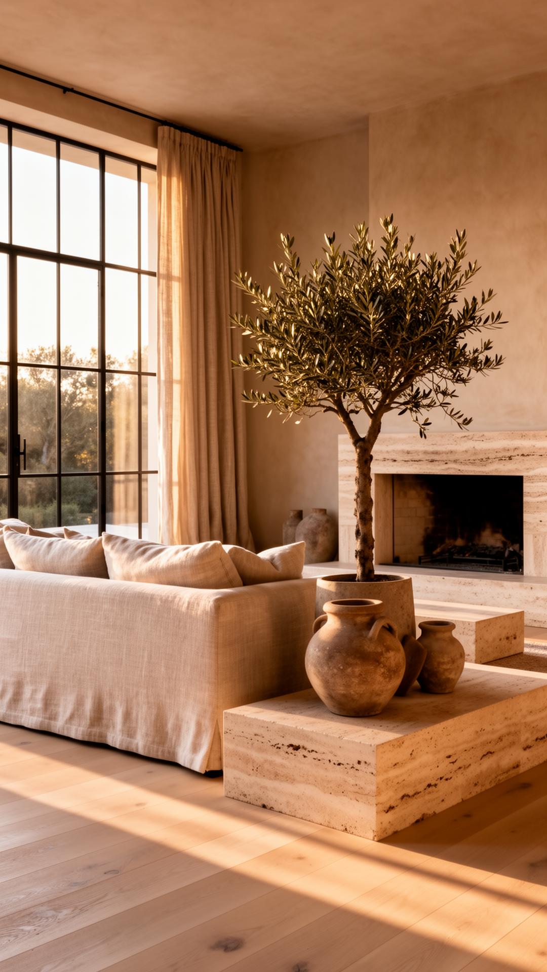 Modern organic living room at golden hour with travertine fireplace, Belgian linen sofa, white oak floors and a single olive tree under raking afternoon light