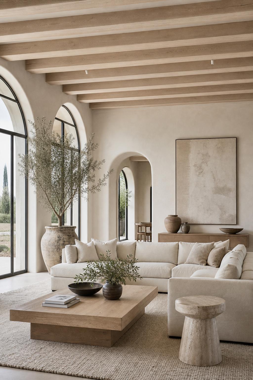 Architectural modern organic living room with oversized cream linen sectional, travertine coffee table, single olive tree, limewash plaster walls and floor-to-ceiling steel-framed windows